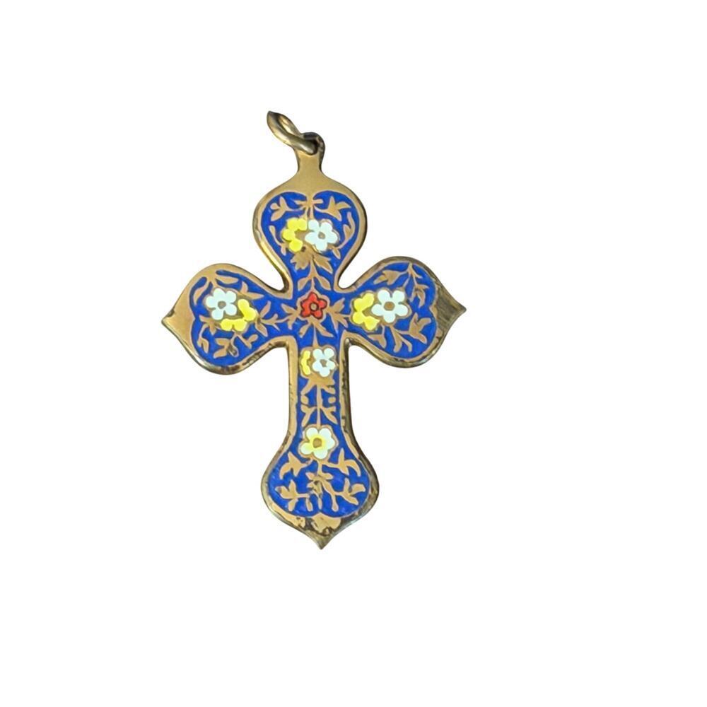 Vintage Antique French Champlevé Enamel Cross Pendant